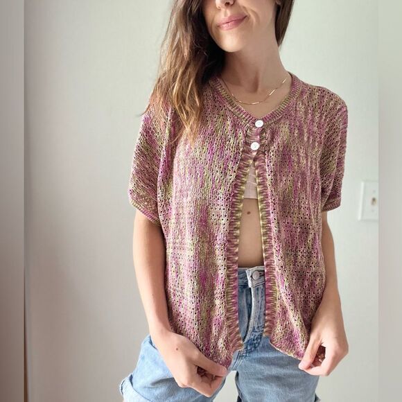 JH COLLECTIBLES Women’s Crochet Knit Cardigan Crop Top Pink Green Sweater 1X - Picture 3 of 13